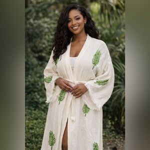 Embroidered Cream Linen Kimono Robe with Green Leaf Motif